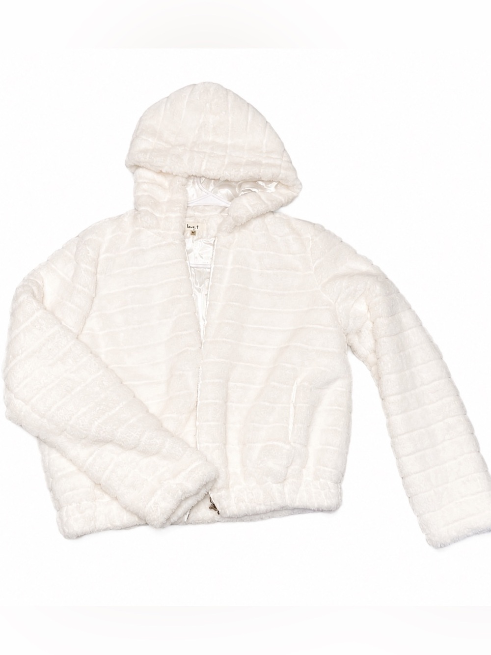 Women’s White Faux Fur Hooded Jacket Full Zip Fuzzy Soft Coat Size M